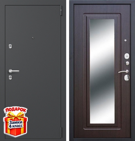 Металлическая дверь с серым порошковым напылением и МДФ ПВХ с большим зеркалом внутри