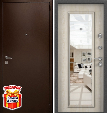 Металлическая дверь с коричневым порошковым напылением и МДФ ПВХ с большим зеркалом внутри