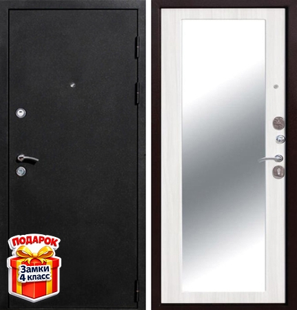 Металлическая дверь с черным порошковым напылением и МДФ ПВХ с большим зеркалом внутри