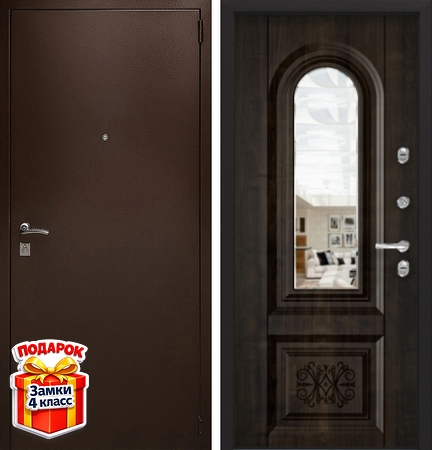 Металлическая дверь с коричневым порошковым напылением и МДФ шпон с фигурным зеркалом внутри