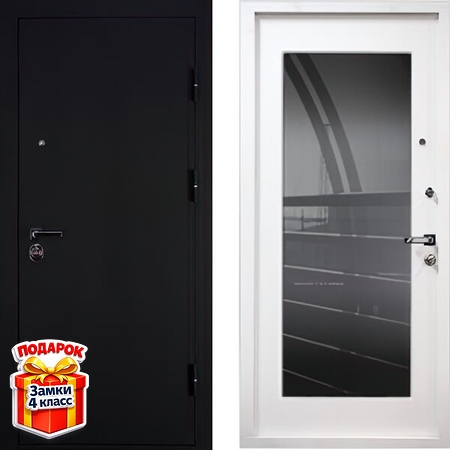 Металлическая дверь с черным порошковым напылением и белым МДФ с большим зеркалом внутри