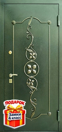 Металлическая зеленая порошковая дверь с ковкой и винилискожей внутри