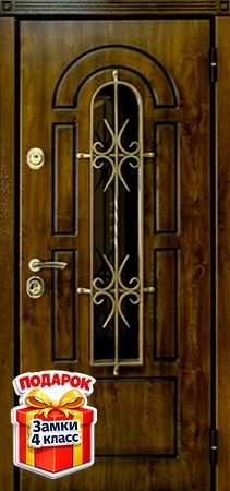 Металлическая дверь со стеклом, ковкой и МДФ с обеих сторон