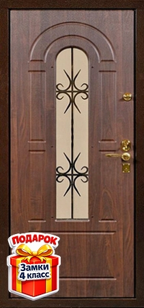 Металлическая дверь со стеклом, ковкой и панелями МДФ с обеих сторон