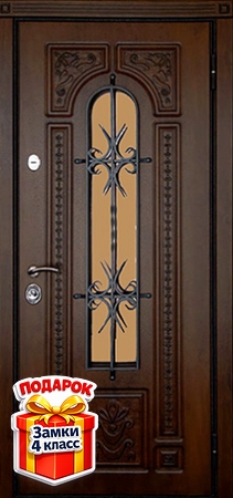 Металлическая дверь со стеклом, ковкой и панелями МДФ с обеих сторон