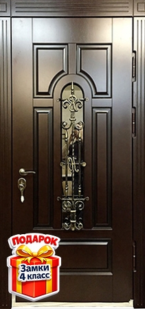 Металлическая дверь с ковкой, стеклом и панелями МДФ шпон с обеих сторон