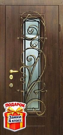 Металлическая дверь со стеклом, накладной ковкой и МДФ с обеих сторон