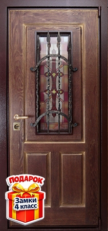 Металлическая дверь с витражным стеклом, ковкой и массивом с двух сторон