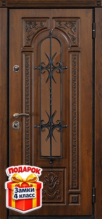 Металлическая дверь со стеклом, ковкой и панелями МДФ с обеих сторон