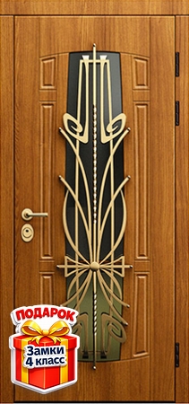 Металлическая дверь со стеклом, ковкой и панелями МДФ с двух сторон