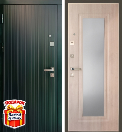 Металлическая дверь с панелями МДФ (зеленый RAL и ПВХ с зеркалом)
