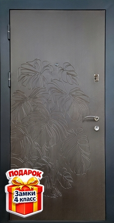 Металлическая дверь с коричневыми панелями МДФ с фрезеровкой «листья»
