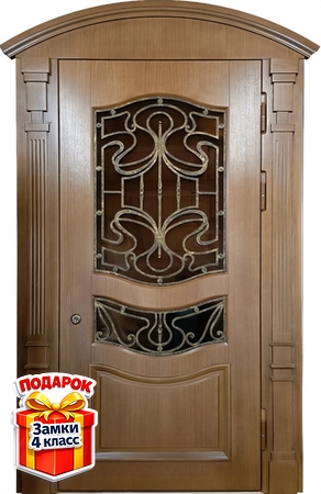 Металлическая термодверь с панелями МДФ шпон, с остеклением и ковкой