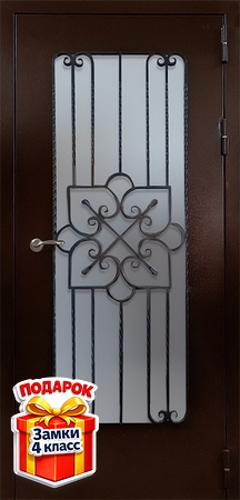 Металлическая дверь с порошковым окрасом, решеткой и остеклением более половины полотна