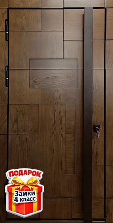 Металлическая дверь со шпонированными наборными плитами МДФ и длинной бугельной ручкой