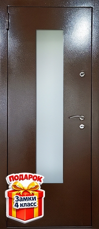 Металлическая дверь со стеклом и порошковым покрытием коричневого цвета