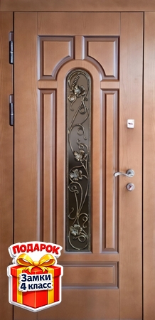 Металлическая наружная дверь с узким стеклом, ковкой и панелями МДФ со шпоном