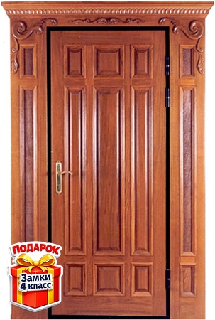 Металлическая парадная дверь с карнизом и массивом с резьбой