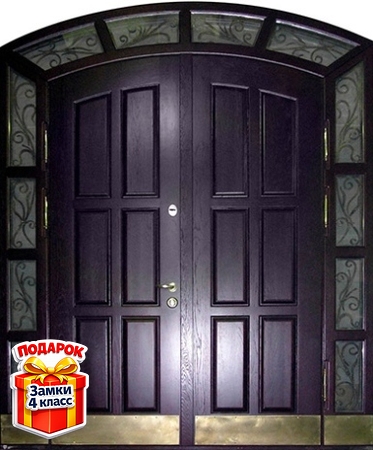 Металлическая парадная входная группа со стеклом, ковкой, отбойниками и панелями МДФ со шпоном