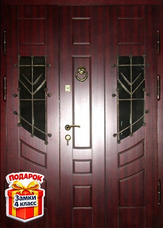 Металлическая полуторная дверь со стеклом, ковкой, кнокером и панелями МДФ