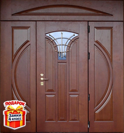 Металлическая парадная входная группа с ковкой, стеклом и панелями МДФ со шпоном