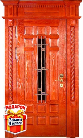 Металлическая парадная дверь со стеклом, капителями, ковкой и массивом с резьбой