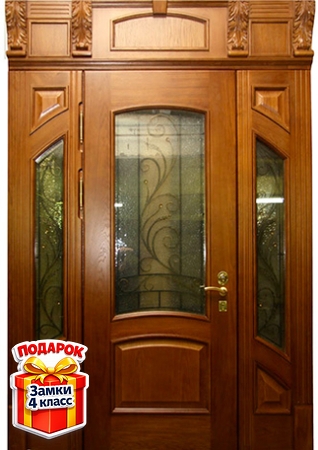 Металлическая парадная входная группа с ковкой, стеклом и панелями МДФ со шпоном и резьбой