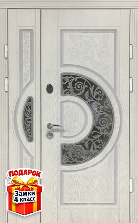 Металлическая полуторная дверь со стеклом, ковкой и панелями МДФ со шпоном и патиной