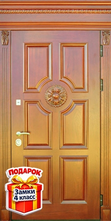 Металлическая парадная дверь с верхней вставкой и панелями МДФ с резьбой