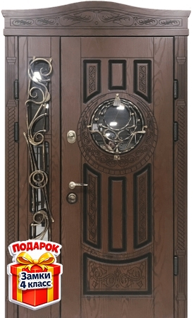 Металлическая полуторная дверь с верхней вставкой, со стеклом, накладной ковкой и панелями МДФ со шпоном