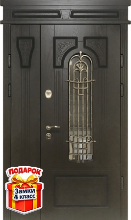 Металлическая полуторная дверь с верхней вставкой, ковкой, стеклом и панелями МДФ со шпоном