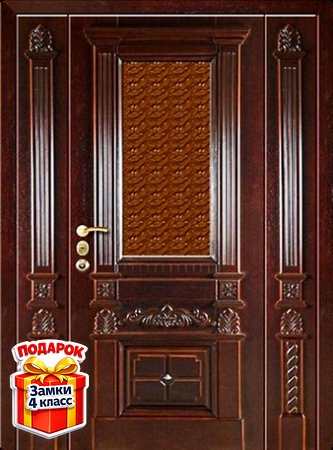 Металлическая парадная дверь со стеклом и массивом с резьбой