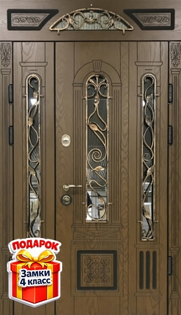 Металлическая полуторная дверь с верхней вставкой, со стеклом, ковкой и панелями МДФ