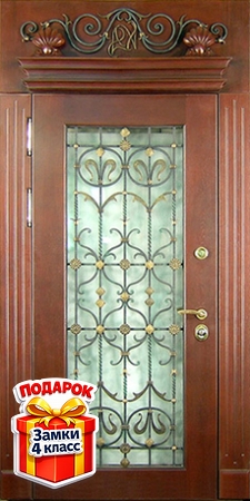 Металлическая парадная дверь с верхней вставкой, с большим стеклом, ковкой и панелями МДФ