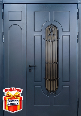 Полуторная металлическая дверь с решеткой, стеклом и синими панелями МДФ RAL