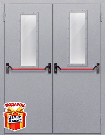 Двупольная противопожарная серая дверь со стеклом и «антипаникой»