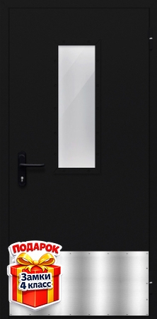 Однопольная противопожарная черная дверь со стеклом и отбойником