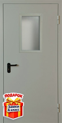 Однопольная противопожарная дверь серого цвета со стеклом