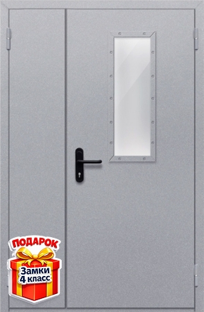 Полуторная противопожарная серая дверь со стеклом