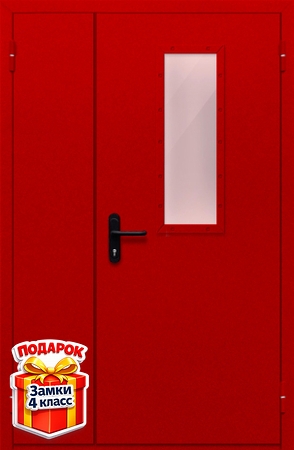 Полуторная противопожарная красная дверь со стеклом