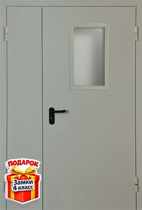 Полуторная противопожарная дверь серого цвета со стеклом