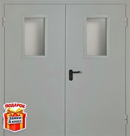 Двупольная противопожарная дверь серого цвета со стеклом