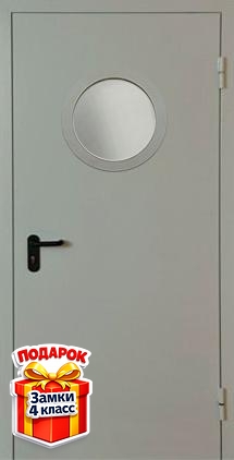 Однопольная противопожарная дверь серого цвета с круглым стеклом