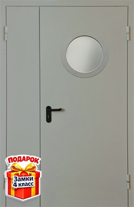 Полуторная противопожарная дверь серого цвета с круглым стеклом