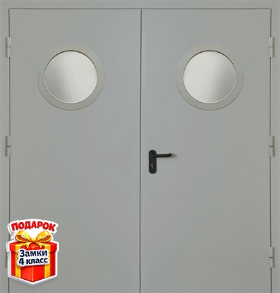 Двупольная противопожарная дверь серого цвета с круглым стеклом