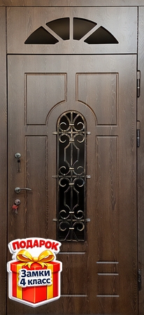 Стальная уличная дверь с МДФ, остеклением, ковкой и с верхней вставкой