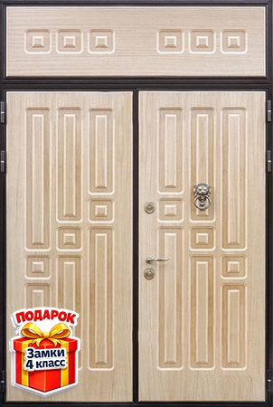 Металлическая двупольная дверь с верхней вставкой, кнокером и МДФ ПВХ с обеих сторон