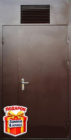 Металлическая полуторная техническая дверь с верхней вставкой, вентиляцией и порошковым напылением