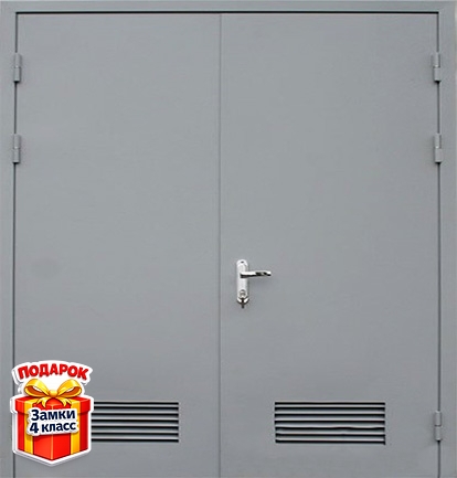 Металлическая двупольная техническая дверь с вентиляцией и серым порошковым напылением