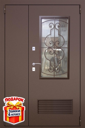 Металлическая полуторная техническая дверь в котельную со стеклом, вентиляцией и порошковым напылением